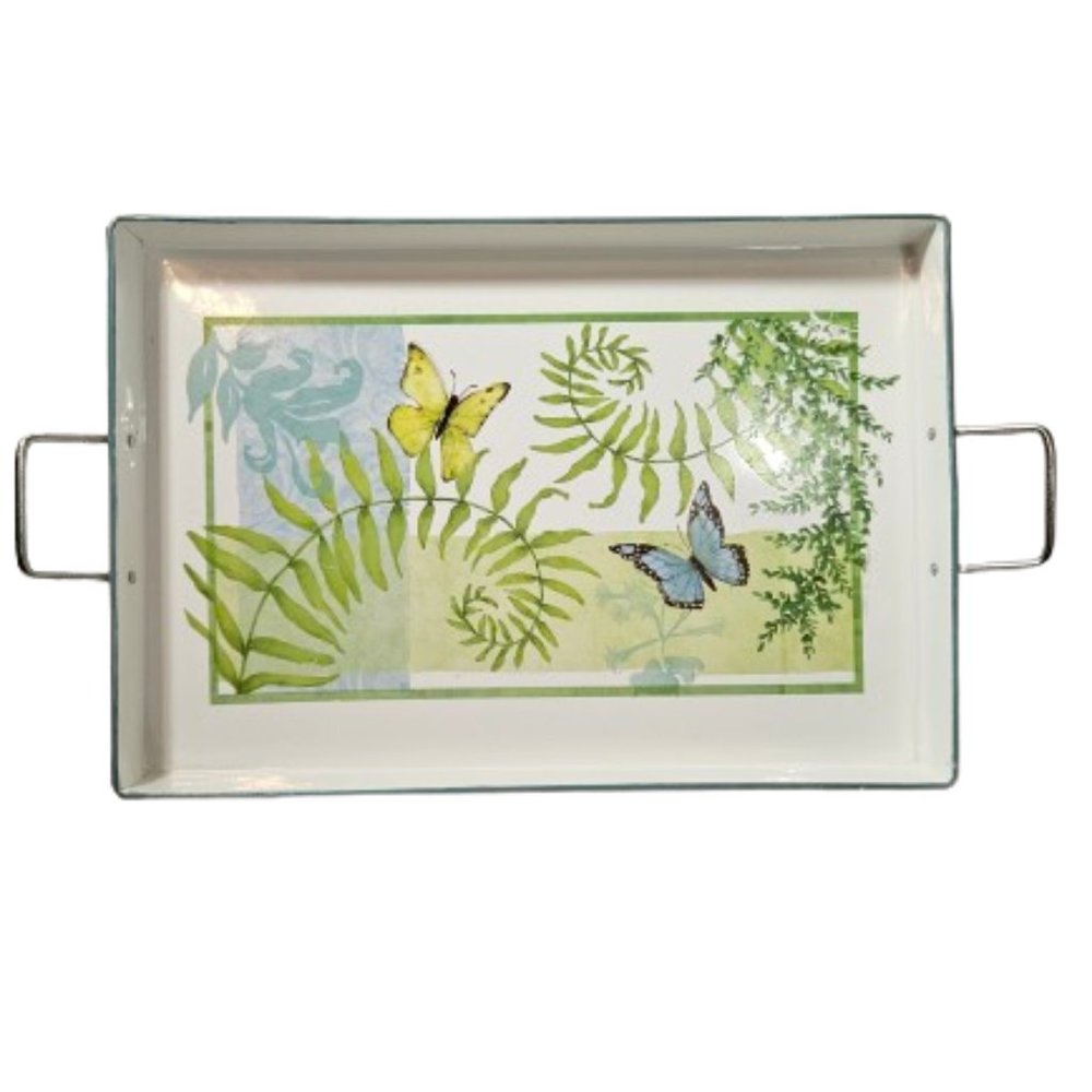 Susan Winget White Metal Tray with Butterflies CR Gibson 16" x 11" with Handles
